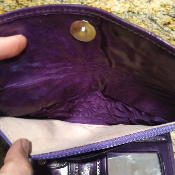 Mexican Hand Tooled Leather Trifold Clutch Wallet Clutch Floral Deep Purple - Picture 6 of 8